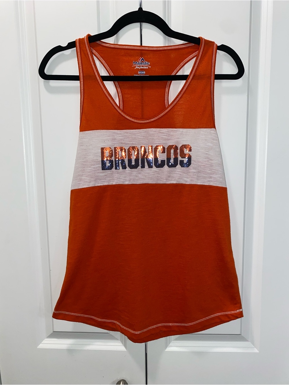 Majestic Orange and White Broncos Sequin Tank